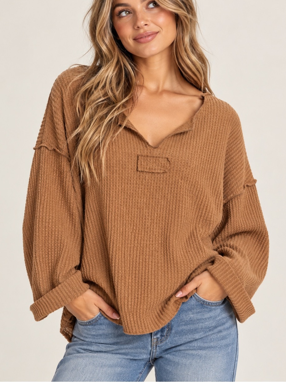 Altar’d State Brown Waffle Knit Oversized Hooded Pullover Sweater Boho. Size L